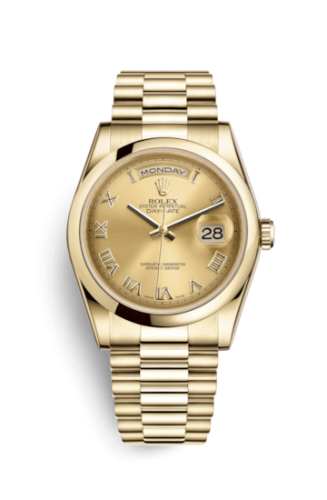 Rolex 118208-0077 : Day-Date 36 Yellow Gold Domed / President / Champagne Roman