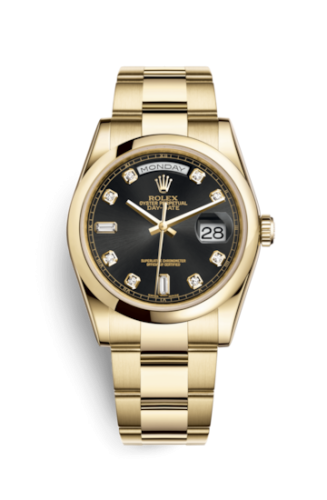 Rolex 118208-0085 : Day-Date 36 Yellow Gold Domed / Oyster / Black Diamonds