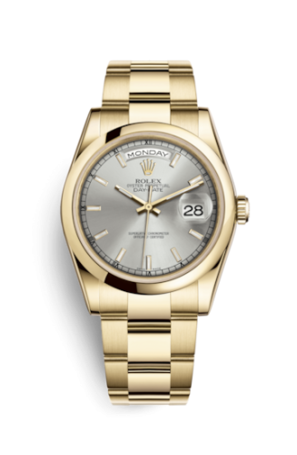 Rolex 118208-0106 : Day-Date 36 Yellow Gold Domed / Oyster / Silver