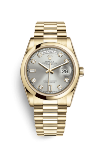 Rolex 118208-0108 : Day-Date 36 Yellow Gold Domed / President / Silver Diamonds