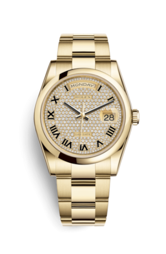Rolex 118208-0137 : Day-Date 36 Yellow Gold Domed / Oyster / Paved Roman