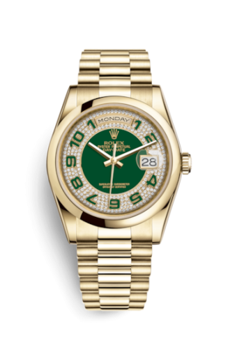 Rolex 118208-0175 : Day-Date 36 Yellow Gold Domed / President/ Green Paved