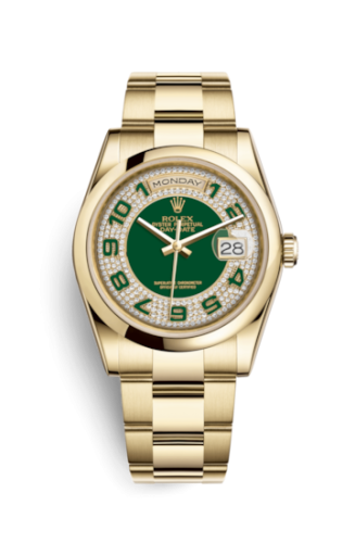 Rolex 118208-0206 : Day-Date 36 Yellow Gold Domed / Oyster  / Green Paved