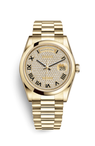 Rolex 118208-0214 : Day-Date 36 Yellow Gold Domed / President / Paved Roman