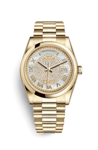 Rolex 118208-0313 : Day-Date 36 Yellow Gold Domed / President / Paved Roman