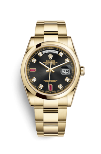 Rolex 118208-0322 : Day-Date 36 Yellow Gold Domed / Oyster / Black Diamonds Rubies