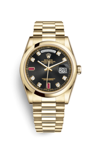 Rolex 118208-0323 : Day-Date 36 Yellow Gold Domed / President / Black Diamonds Rubies