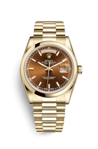 Rolex 118208-0348 : Day-Date 36 Yellow Gold Domed / President / Cognac