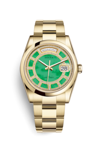 Rolex 118208-0353 : Day-Date 36 Yellow Gold Domed / Oyster / Green Jade Carousel
