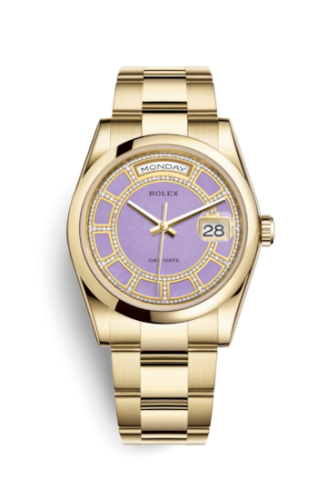 Rolex 118208-0355 : Day-Date 36 Yellow Gold Domed / Oyster / Lavender Carousel
