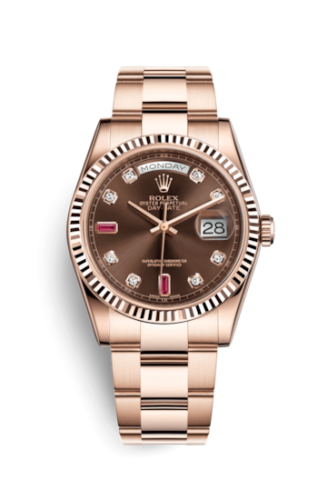 Rolex 118235f-0096 : Day-Date 36 Everose Fluted / Oyster / Chocolate Diamonds Rubies