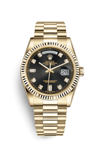 Rolex 118238-0076 : Day-Date 36 Yellow Gold Fluted / President / Black Diamonds