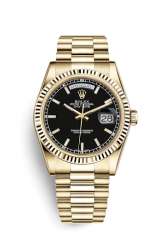 Rolex 118238-0107 : Day-Date 36 Yellow Gold Fluted / President / Black Diamonds