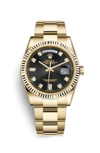 Rolex 118238-0111 : Day-Date 36 Yellow Gold Fluted / Oyster / Black Diamonds