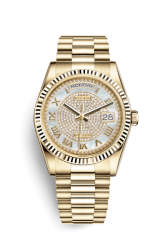Rolex 118238-0123 : Day-Date 36 Yellow Gold Fluted / President Diamond / Paved Roman