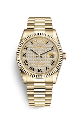 Rolex 118238-0129 : Day-Date 36 Yellow Gold Fluted / President / Paved Roman