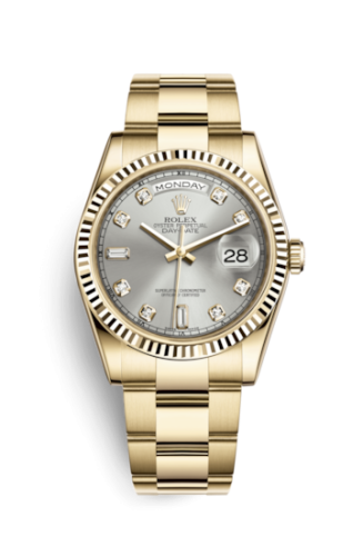 Rolex 118238-0163 : Day-Date 36 Yellow Gold Fluted / Oyster / Silver Diamonds
