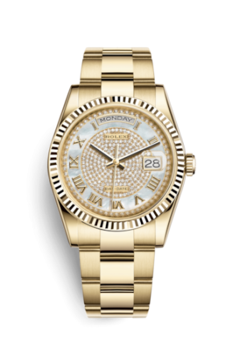 Rolex 118238-0386 : Day-Date 36 Yellow Gold Fluted  / Oyster Diamond / Paved Roman