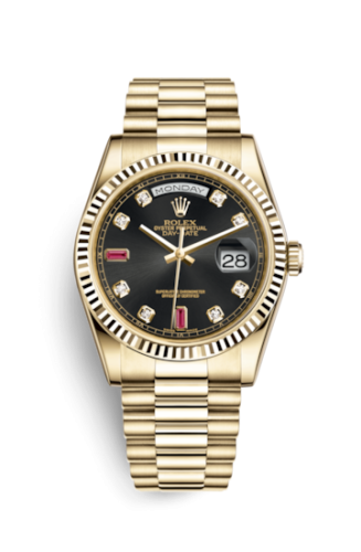 Rolex 118238-0394 : Day-Date 36 Yellow Gold Fluted / President / Black Diamonds Rubies