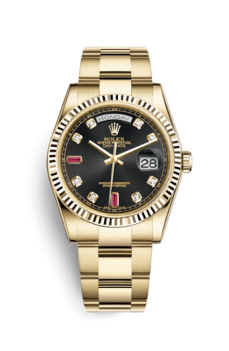 Rolex 118238-0396 : Day-Date 36 Yellow Gold Fluted / Oyster / Black Diamonds Rubies