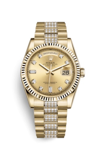 Rolex 118238-0404 : Day-Date 36 Yellow Gold Fluted / President Diamonds / Champagne Diamond