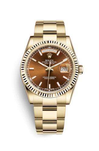Rolex 118238-0425 : Day-Date 36 Yellow Gold Fluted / Oyster  / Cognac