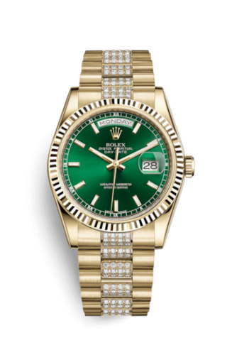Rolex 118238-0435 : Day-Date 36 Yellow Gold Fluted / President Diamonds / Green