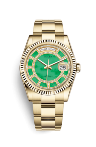 Rolex 118238-0438 : Day-Date 36 Yellow Gold Fluted / Oyster / Green Jade Carousel