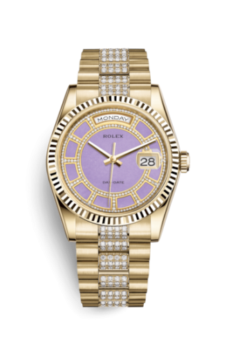 Rolex 118238-0441 : Day-Date 36 Yellow Gold Fluted / President Diamonds / Lavender Jade Carousel