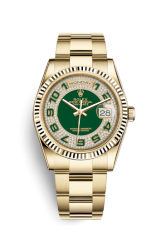 Rolex 118238-0473 : Day-Date 36 Yellow Gold Domed / Oyster / Green Paved
