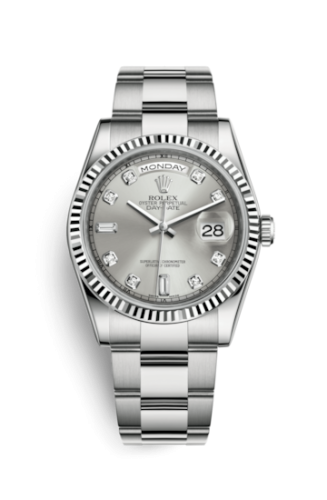 Rolex 118239-0078 : Day-Date 36 White Gold Fluted / Oyster / Silver Diamonds