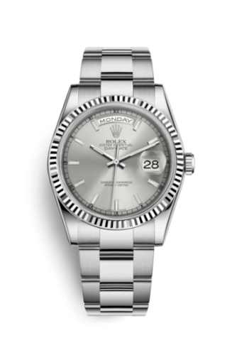 Rolex 118239-0124 : Day-Date 36 White Gold Fluted / Oyster / Silver