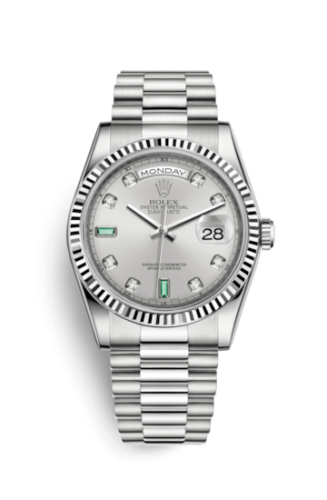 Rolex 118239-0269 : Day-Date 36 White Gold Fluted / President / Silver Diamond Emerald