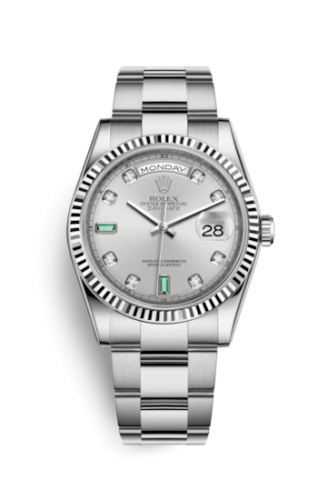 Rolex 118239-0271 : Day-Date 36 White Gold Fluted / Oyster / Silver Diamond Emerald