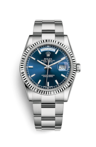 Rolex 118239-0303 : Day-Date 36 White Gold Fluted / Oyster / Blue