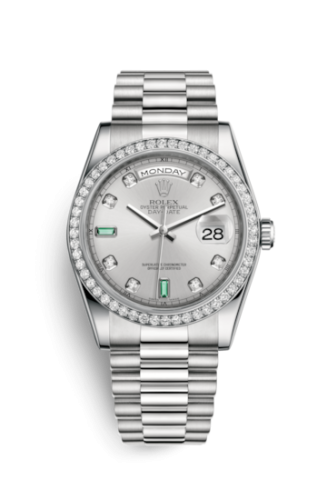 Rolex 118346-0084 : Day-Date 36 Platinum Diamonds / President / Silver Diamond Emerald