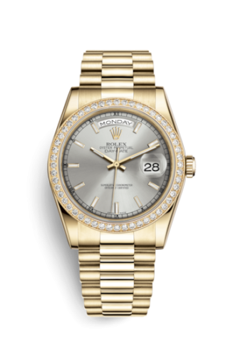 Rolex 118348-0036 : Day-Date 36 Yellow Gold Diamonds / President / Silver