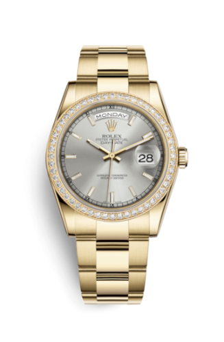 Rolex 118348-0046 : Day-Date 36 Yellow Gold Diamonds / Oyster / Silver