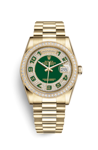 Rolex 118348-0054 : Day-Date 36 Yellow Gold Diamonds / President / Green Arabic