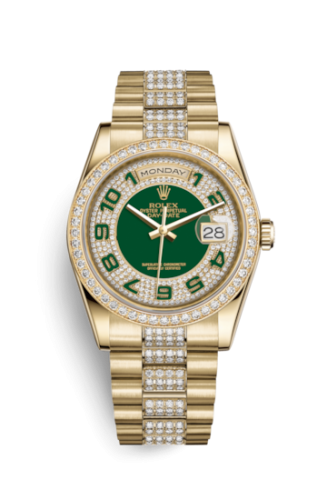 Rolex 118348-0056 : Day-Date 36 Yellow Gold Diamonds / President Diamonds / Green Paved