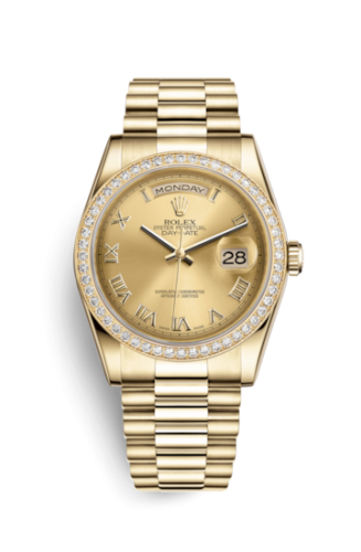 Rolex 118348-0147 : Day-Date 36 Yellow Gold Diamonds / President / Champagne Roman