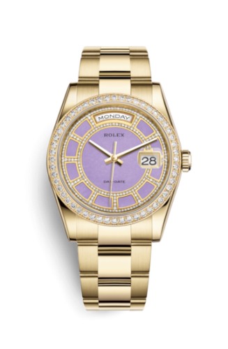 Rolex 118348-0190 : Day-Date 36 Yellow Gold Diamonds / Oyster / Lavender Jade Carousel