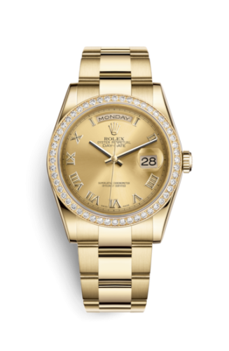 Rolex 118348-0194 : Day-Date 36 Yellow Gold Diamonds / Oyster / Champagne Roman