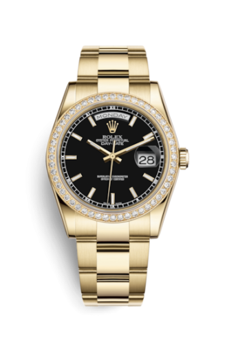Rolex 118348-0208 : Day-Date 36 Yellow Gold Diamonds / Oyster / Black