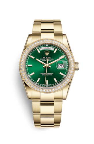 Rolex 118348-0225 : Day-Date 36 Yellow Gold Diamonds / Oyster / Green