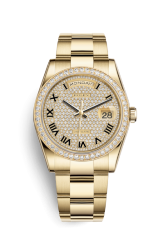 Rolex 118348-0226 : Day-Date 36 Yellow Gold Diamonds / Oyster / Paved Roman
