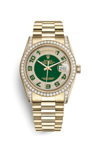 Rolex 118388-0053 : Day-Date 36 Yellow Gold Diamonds / President / Green Paved