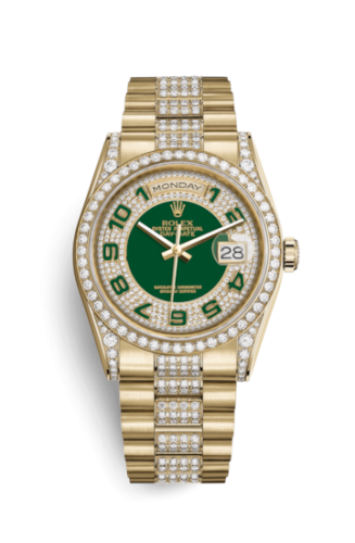 Rolex 118388-0055 : Day-Date 36 Yellow Gold Diamonds / President Diamonds / Green Paved