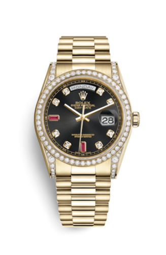 Rolex 118388-0124 : Day-Date 36 Yellow Gold Diamonds  / President / Black Diamonds Rubies