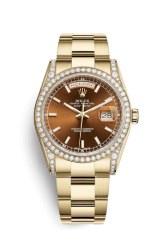 Rolex 118388-0194 : Day-Date 36 Yellow Gold Diamonds / Oyster / Cognac